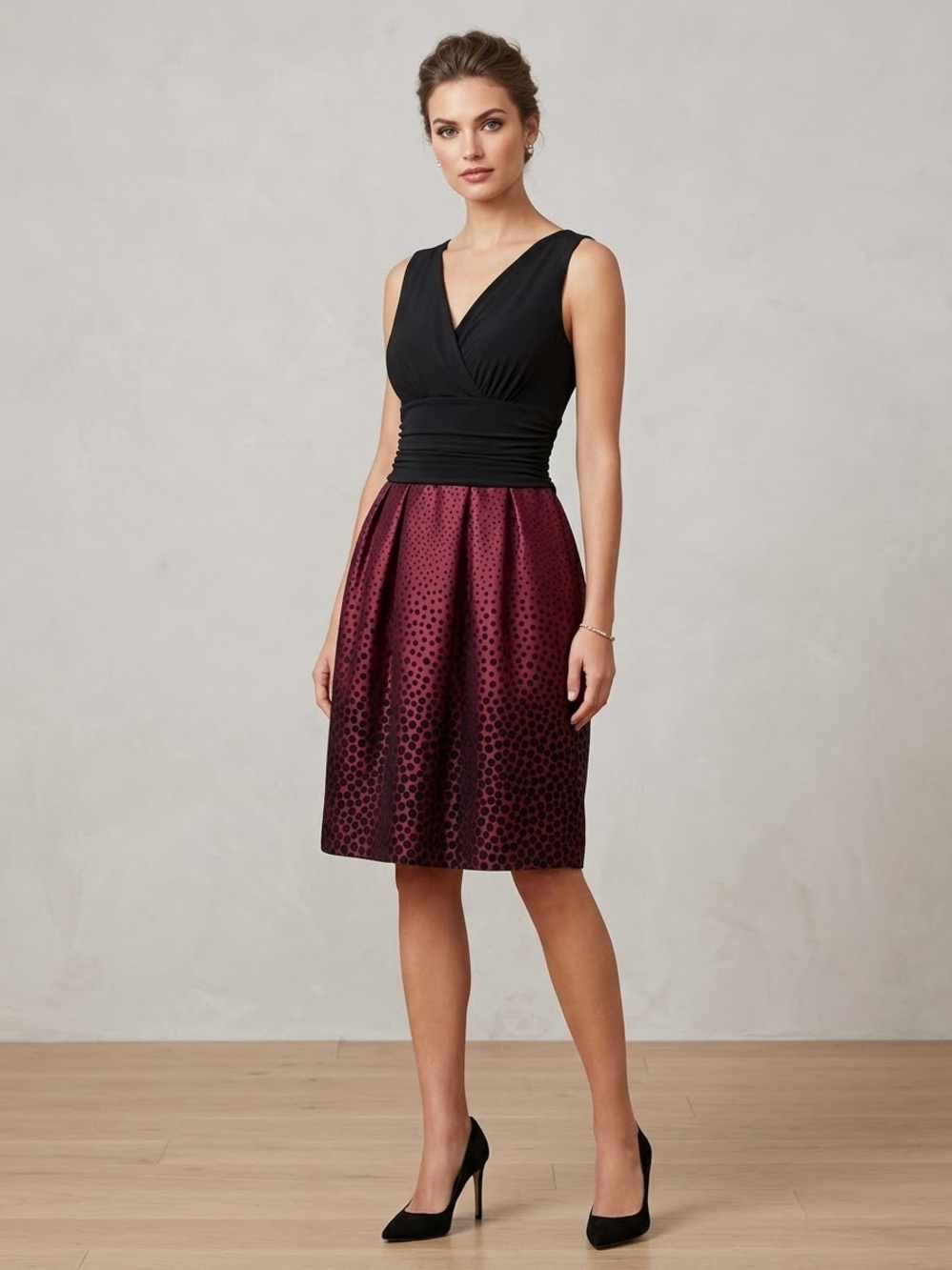 Enfocus Studio Black Bodice Burgundy Polka Dot Skirt Cocktail Dress